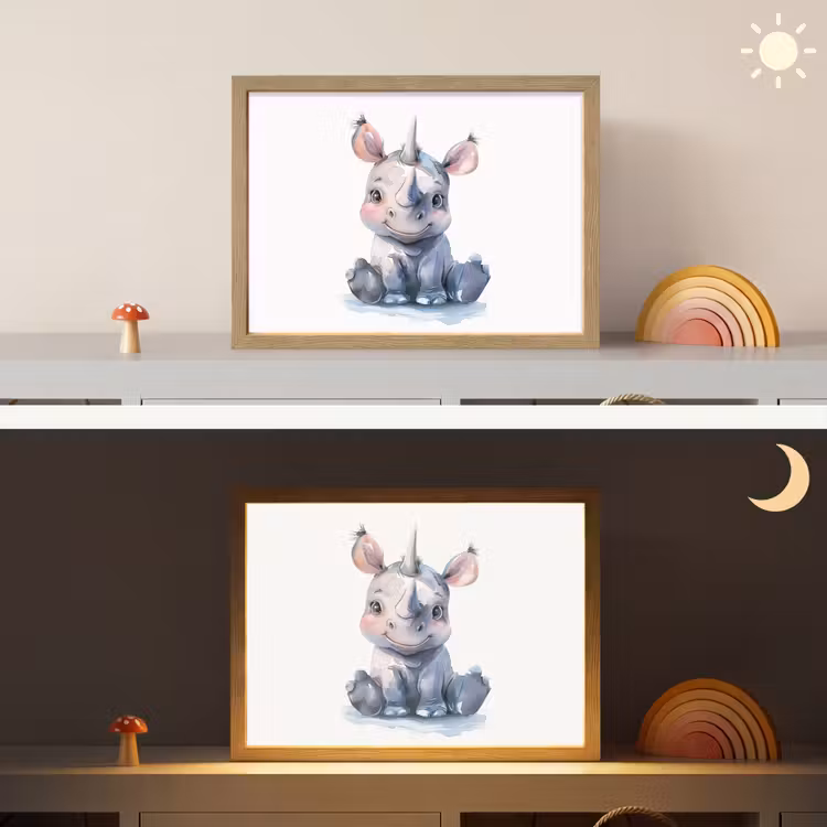 Neushoorn - Baby dier - Dieren Light Box met batterij (Wandlamp kind) middel -sfeer3_kind