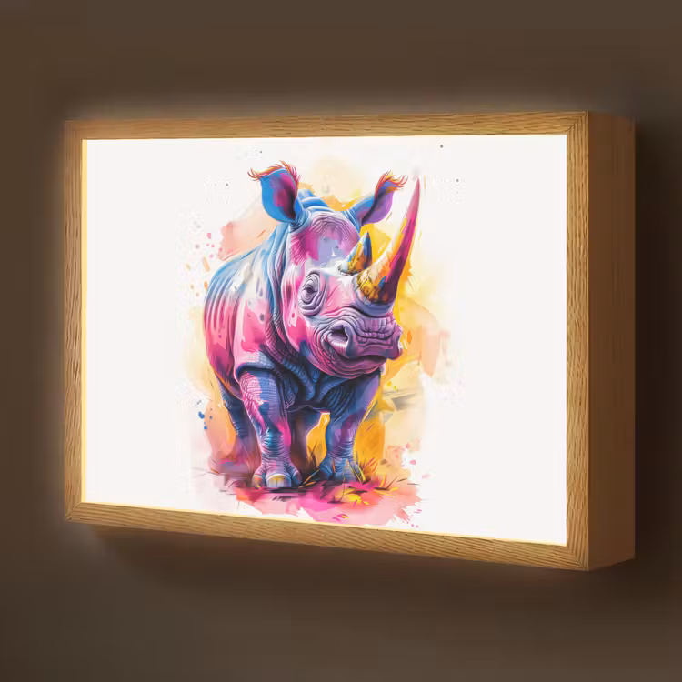 Neushoorn - Kleurrijk - Verf - Dieren Light Box met batterij (Wandlamp kind) middel -z3d_website