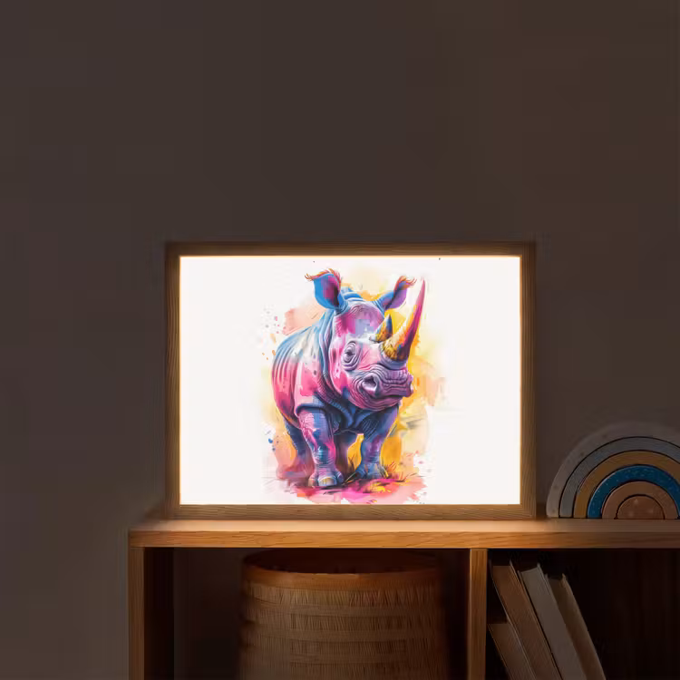 Neushoorn - Kleurrijk - Verf - Dieren Light Box met batterij (Wandlamp kind) middel -sfeer1_kind