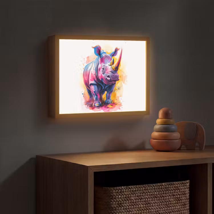 Neushoorn - Kleurrijk - Verf - Dieren Light Box met batterij (Wandlamp kind) middel -sfeer5_kind