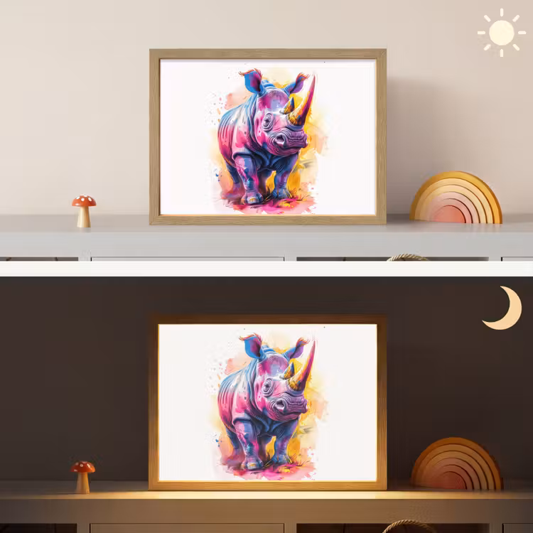 Neushoorn - Kleurrijk - Verf - Dieren Light Box met batterij (Wandlamp kind) middel -sfeer3_kind