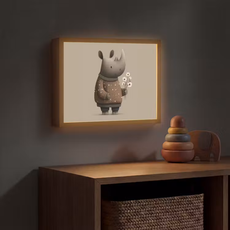 Neushoorn - Witte bloemen - Lief Light Box met batterij (Wandlamp kind) middel -sfeer5_kind