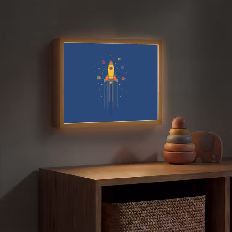 Raket - Blauw - Sterren Light Box met batterij (Wandlamp kind) middel -sfeer5_kind