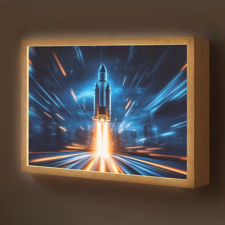 Raket - Ruimte - Blauw - Licht Light Box met batterij (Wandlamp kind) middel -z3d_website