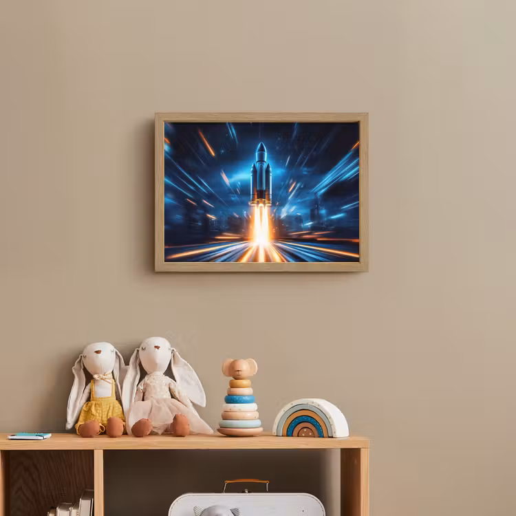 Raket - Ruimte - Blauw - Licht Light Box met batterij (Wandlamp kind) middel -sfeer2_kind