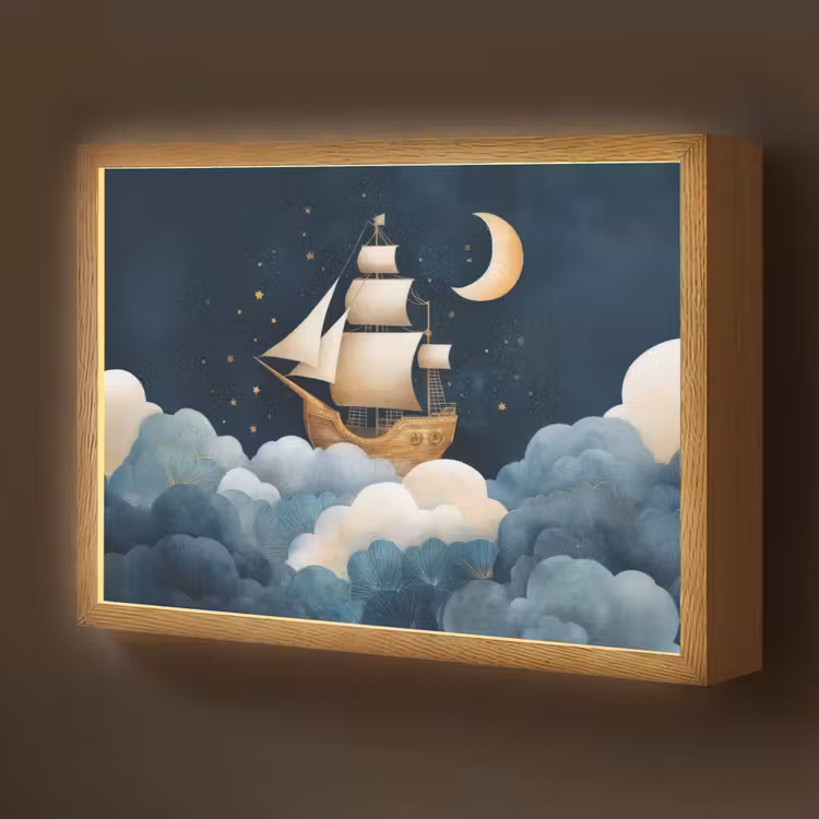 Zeilschip - Sterrenhemel - Wolken - Blauw Light Box met batterij (Wandlamp kind) middel -z3d_website