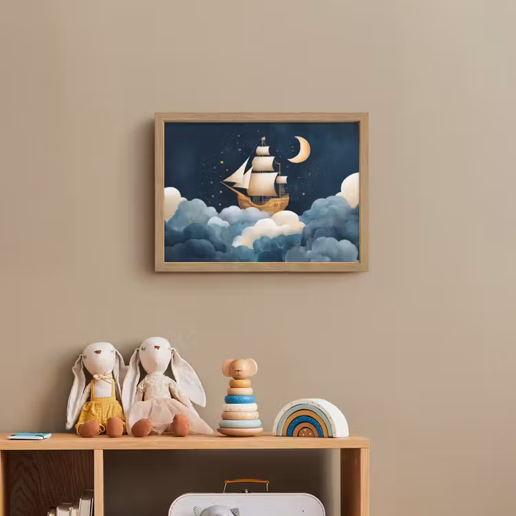 Zeilschip - Sterrenhemel - Wolken - Blauw Light Box met batterij (Wandlamp kind) middel -sfeer2_kind