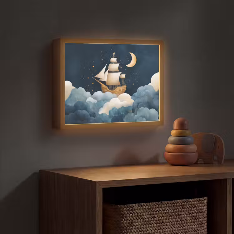 Zeilschip - Sterrenhemel - Wolken - Blauw Light Box met batterij (Wandlamp kind) middel -sfeer5_kind