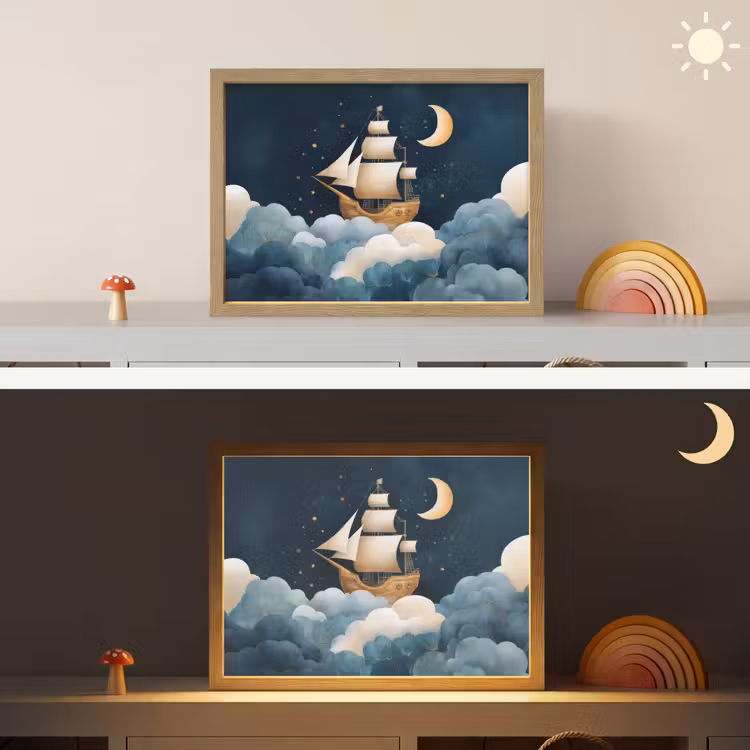 Zeilschip - Sterrenhemel - Wolken - Blauw Light Box met batterij (Wandlamp kind) middel -sfeer3_kind