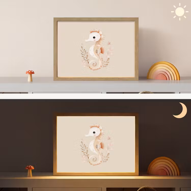 Zeepaardje - Zeewier - Beige Light Box met batterij (Wandlamp kind) middel -sfeer3_kind