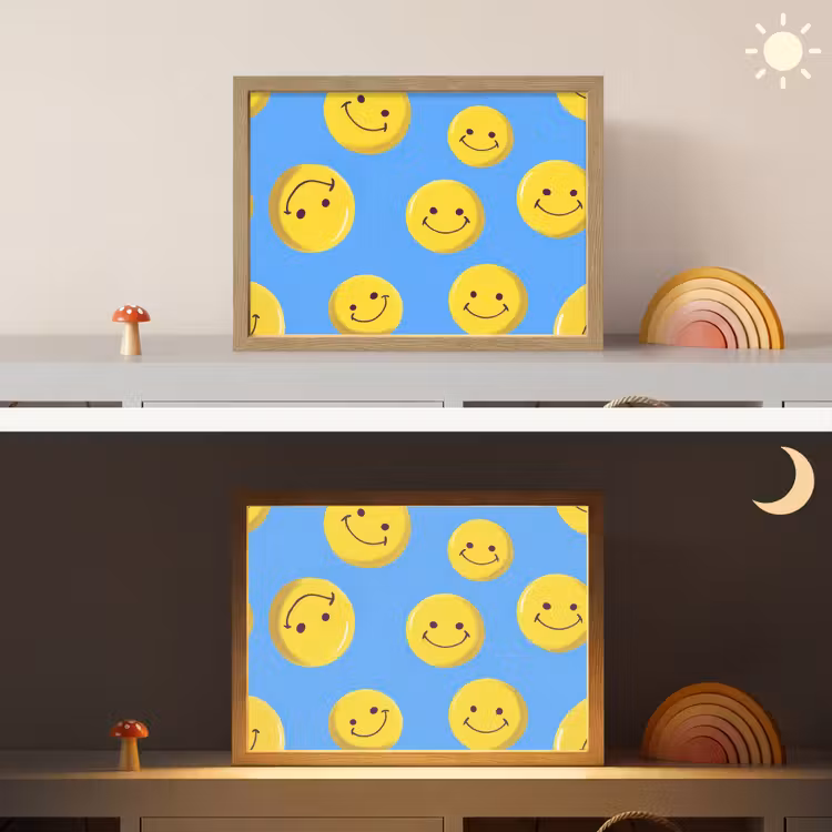 Smileys - Geel - Blauw Light Box met batterij (Wandlamp kind) middel -sfeer3_kind