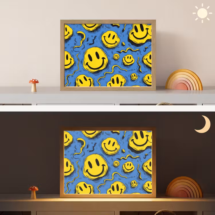 Smileys - Geel - Blauw Light Box met batterij (Wandlamp kind) middel -sfeer3_kind