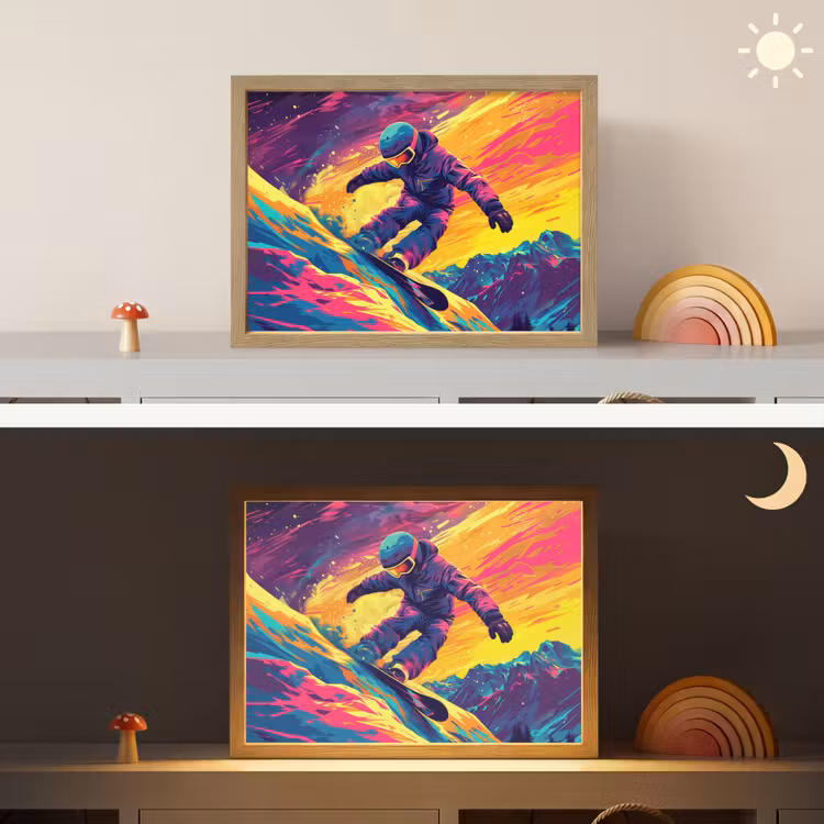 Snowboarden - Sneeuw - Kleurrijk Light Box met batterij (Wandlamp kind) middel -sfeer3_kind