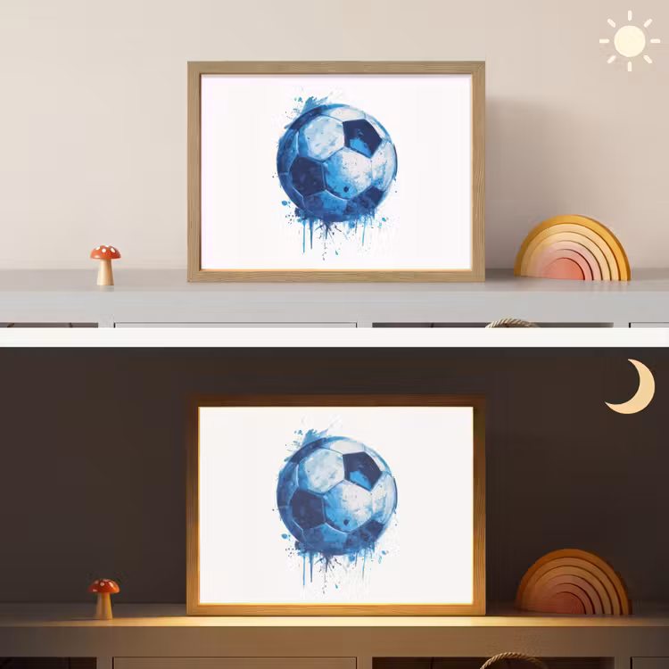 Voetbal - Blauw - Inkt - Spatten Light Box met batterij (Wandlamp kind) middel -sfeer3_kind