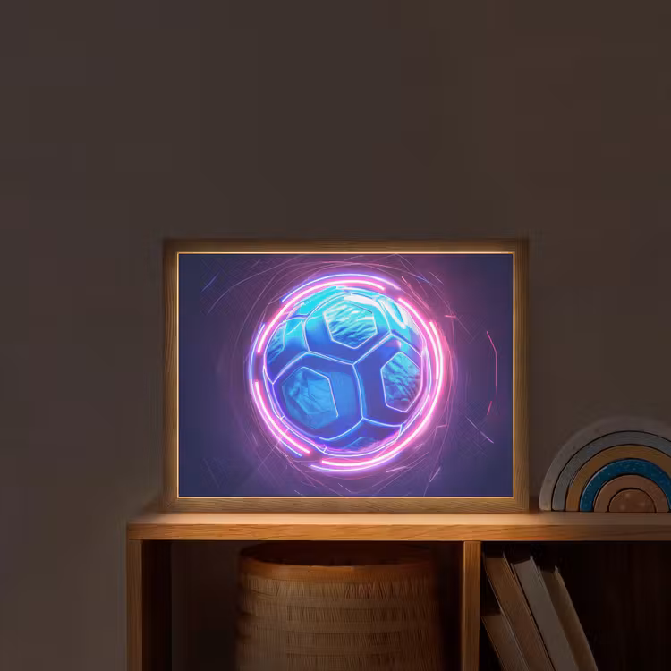 Voetbal - Sport - Blauw - Paars Light Box met batterij (Wandlamp kind) middel -sfeer1_kind