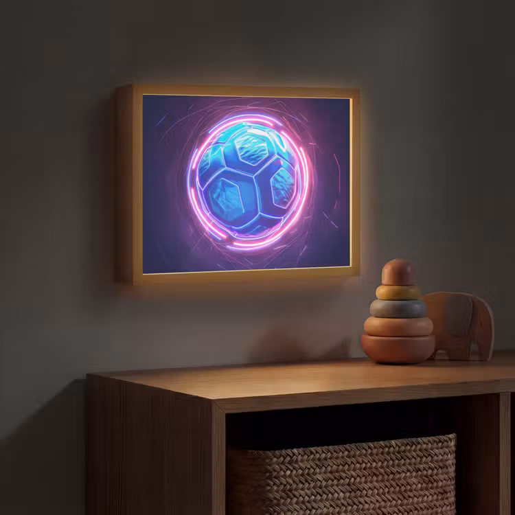 Voetbal - Sport - Blauw - Paars Light Box met batterij (Wandlamp kind) middel -sfeer5_kind