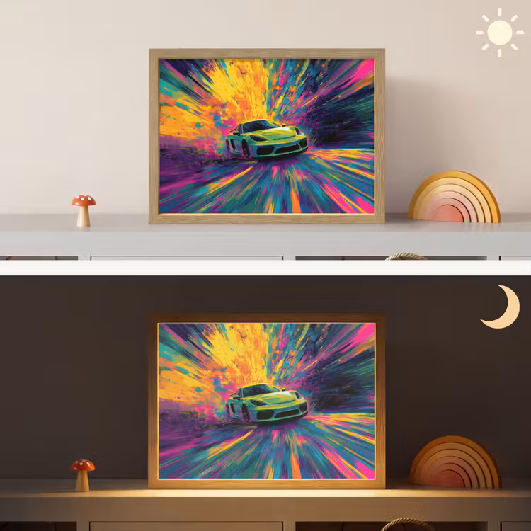 Sportauto - Groen - Verfstrepen - Kleuren Light Box met batterij (Wandlamp kind) middel -sfeer3_kind