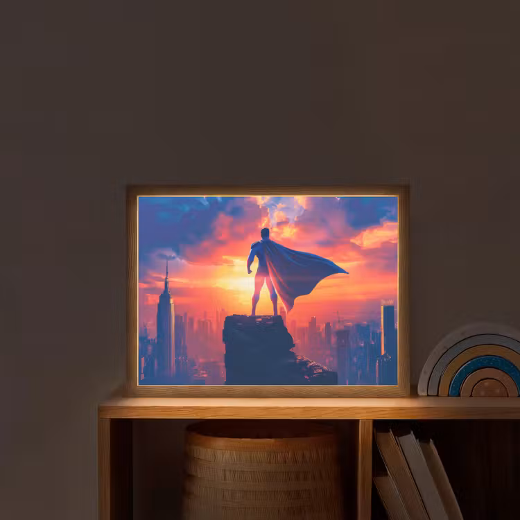 Superheld - Stad - Jongens - Kleurrijk - Zon Light Box met batterij (Wandlamp kind) middel -sfeer1_kind