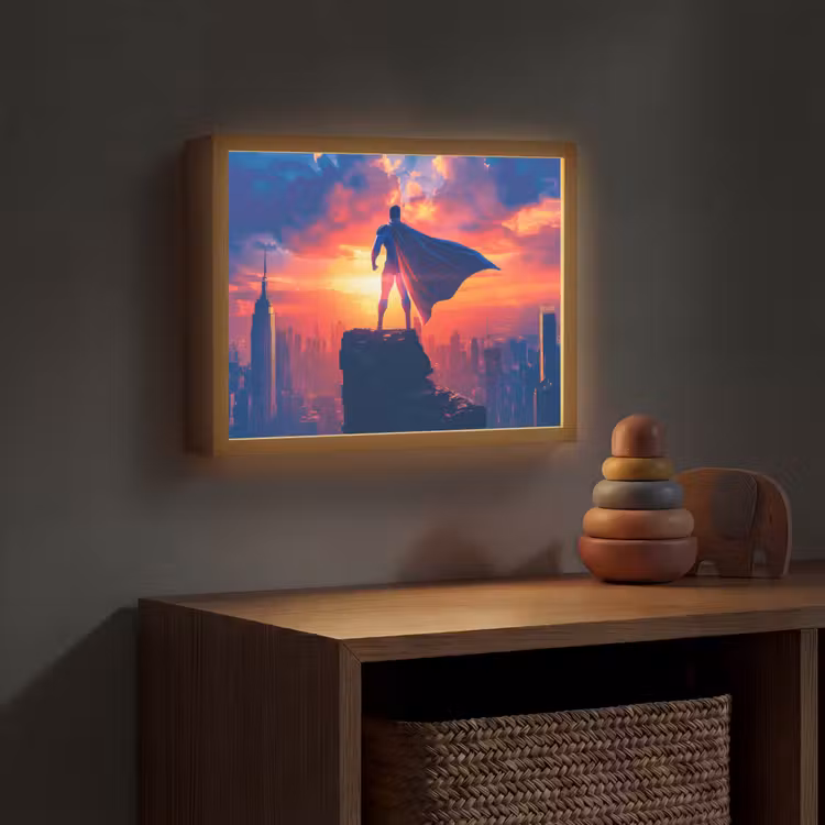 Superheld - Stad - Jongens - Kleurrijk - Zon Light Box met batterij (Wandlamp kind) middel -sfeer5_kind