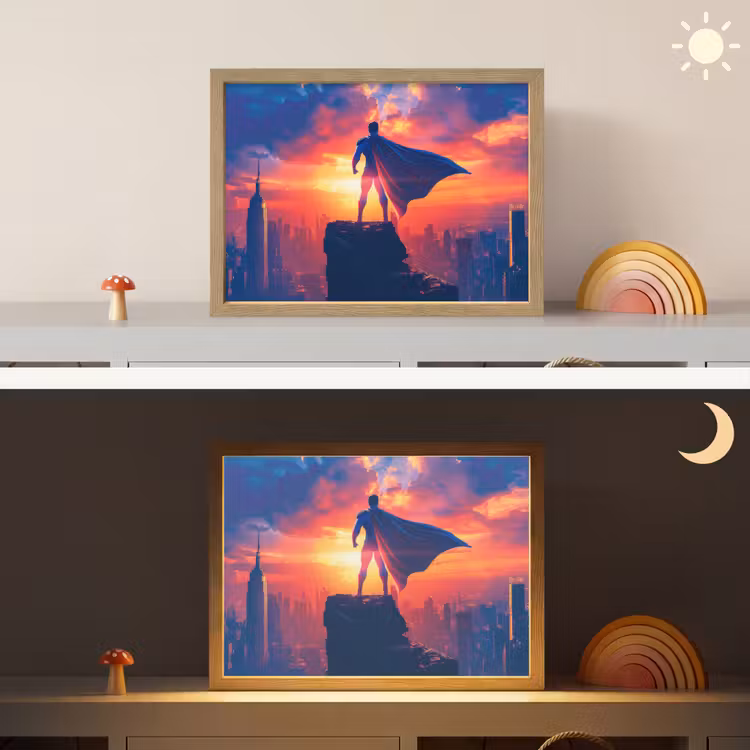 Superheld - Stad - Jongens - Kleurrijk - Zon Light Box met batterij (Wandlamp kind) middel -sfeer3_kind