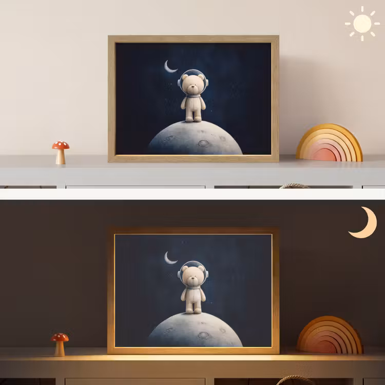 Teddybeer - Ruimtehelm - Maan - Sterren Light Box met batterij (Wandlamp kind) middel -sfeer3_kind