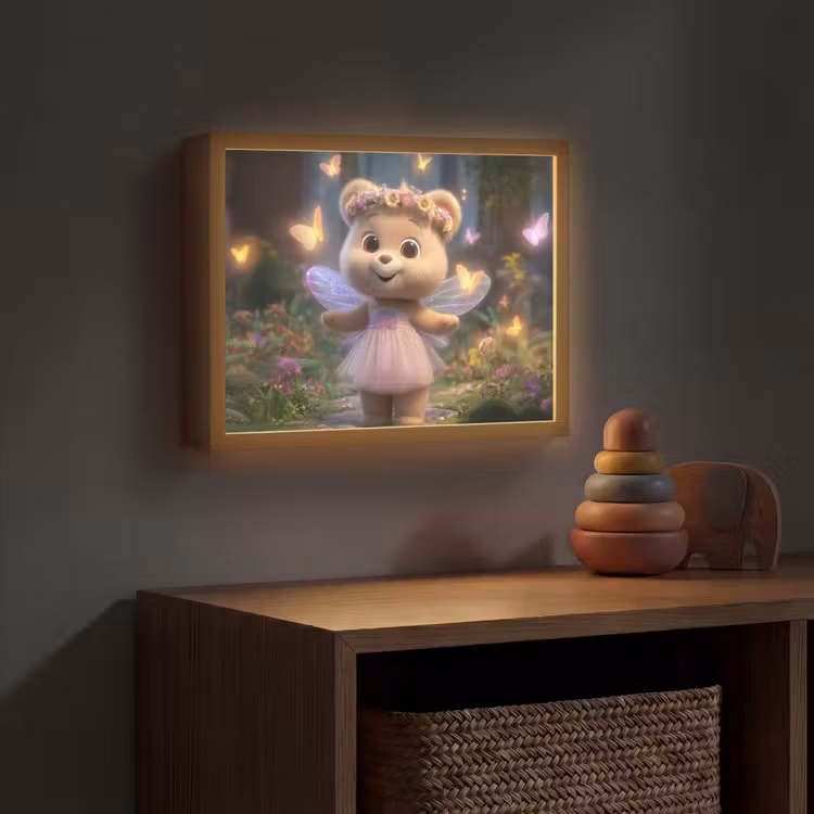 Teddybeer - Bloemenkrans - Vlinders - Elfenvleugels Light Box met batterij (Wandlamp kind) middel -sfeer5_kind
