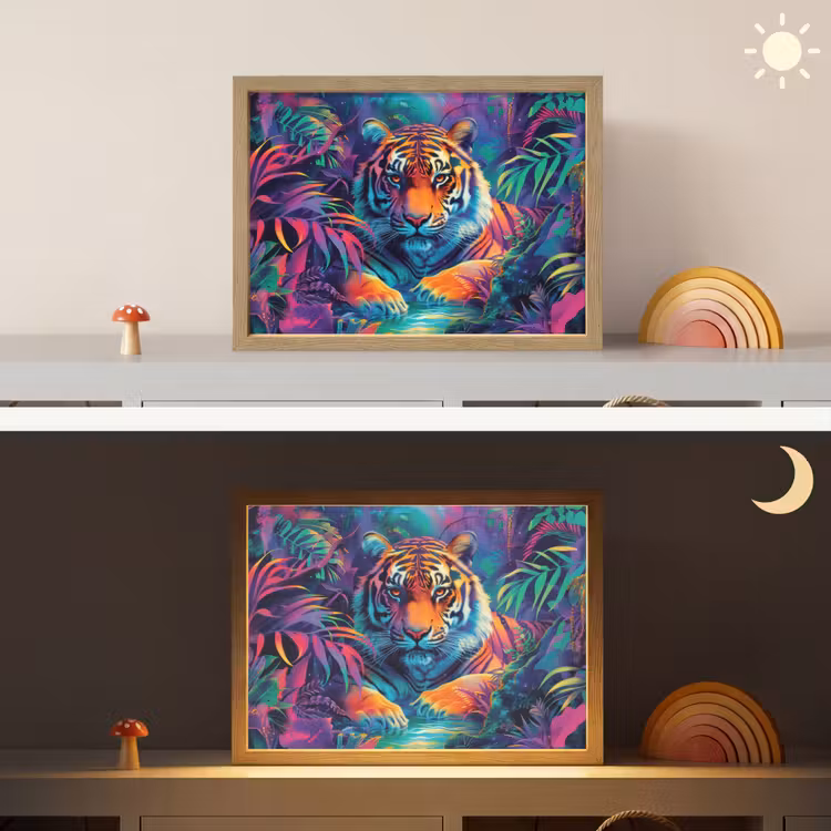 Tijger - Dier - Jungle - Kleurrijk Light Box met batterij (Wandlamp kind) middel -sfeer3_kind