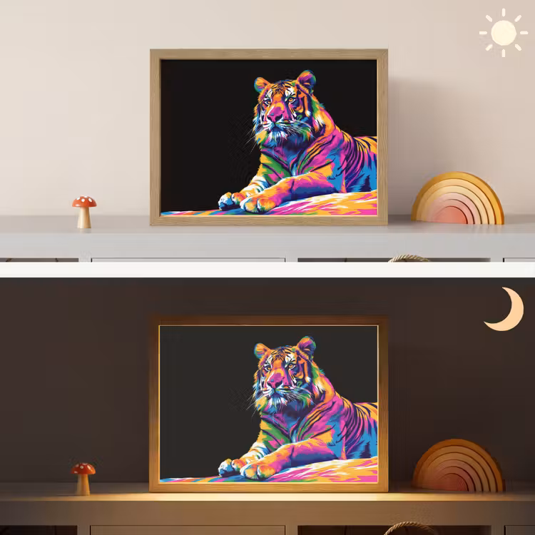 Tijger - Kleurrijk - Dieren - Zwart - Neon Light Box met batterij (Wandlamp kind) middel -sfeer3_kind