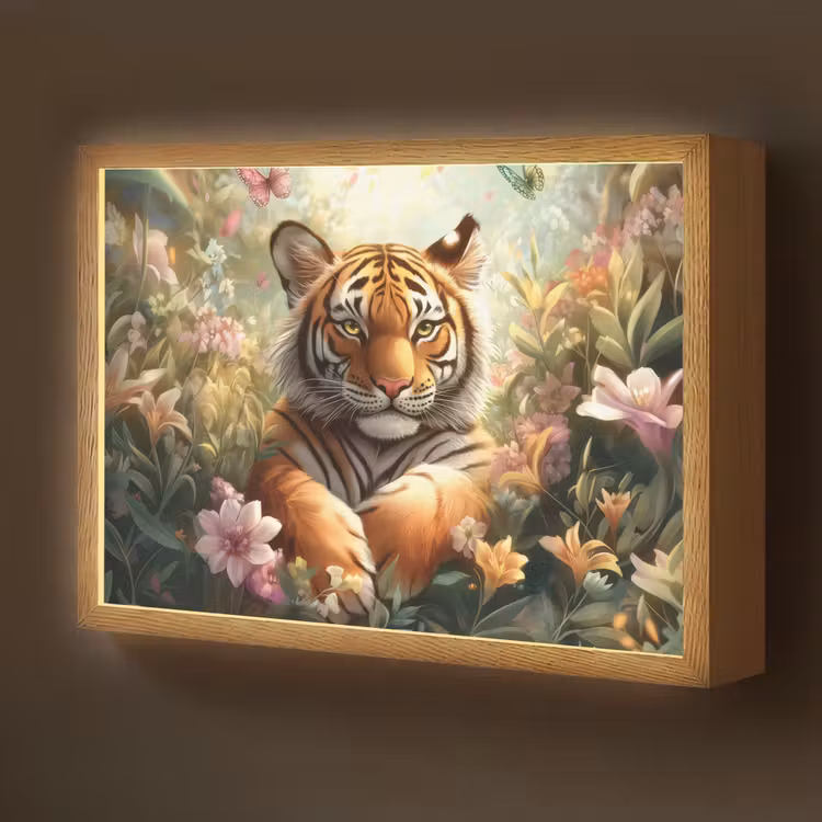 Tijger - Bloemen - Jungle - Dieren Light Box met batterij (Wandlamp kind) middel -z3d_website