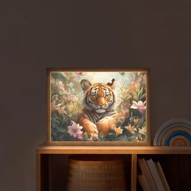 Tijger - Bloemen - Jungle - Dieren Light Box met batterij (Wandlamp kind) middel -sfeer1_kind