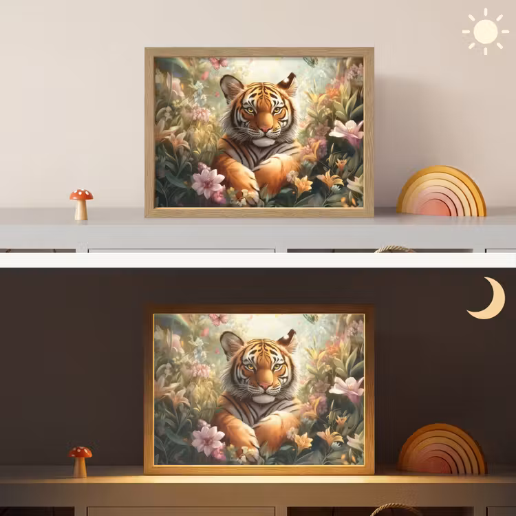 Tijger - Bloemen - Jungle - Dieren Light Box met batterij (Wandlamp kind) middel -sfeer3_kind