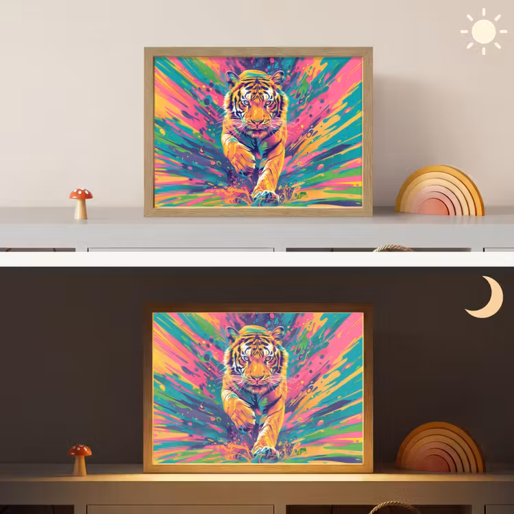 Tijger - Wilde dieren - Kleurrijk - Verflook Light Box met batterij (Wandlamp kind) middel -sfeer3_kind
