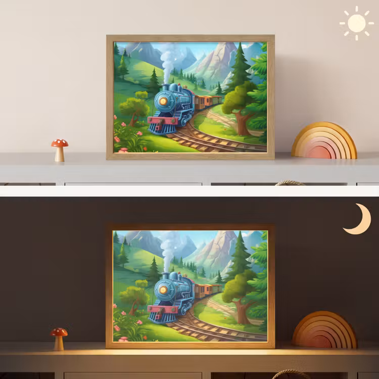 Trein - Bloemen - Kinderen - Natuur Light Box met batterij (Wandlamp kind) middel -sfeer3_kind
