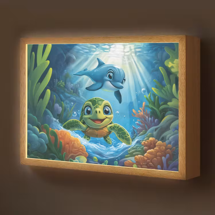 Schildpad - Dolfijn - Oceaan Light Box met batterij (Wandlamp kind) middel -z3d_website