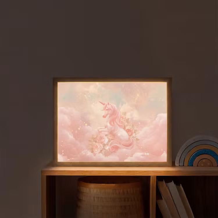Eenhoorn - Wolken - Roze Light Box met batterij (Wandlamp kind) middel -sfeer1_kind
