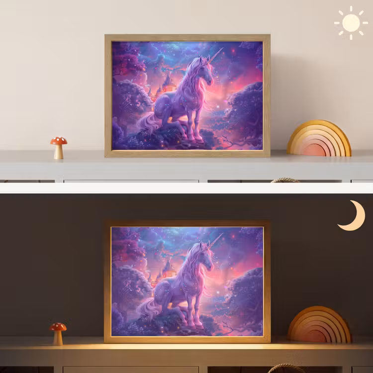 Eenhoorn - Fantasy - Kasteel - Meisje - Paars - Roze Light Box met batterij (Wandlamp kind) middel -sfeer3_kind