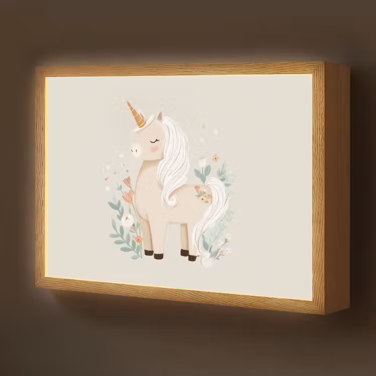 Eenhoorn - Bloemen - Beige Light Box met batterij (Wandlamp kind) middel -z3d_website