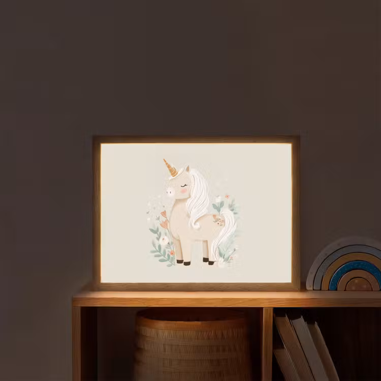 Eenhoorn - Bloemen - Beige Light Box met batterij (Wandlamp kind) middel -sfeer1_kind