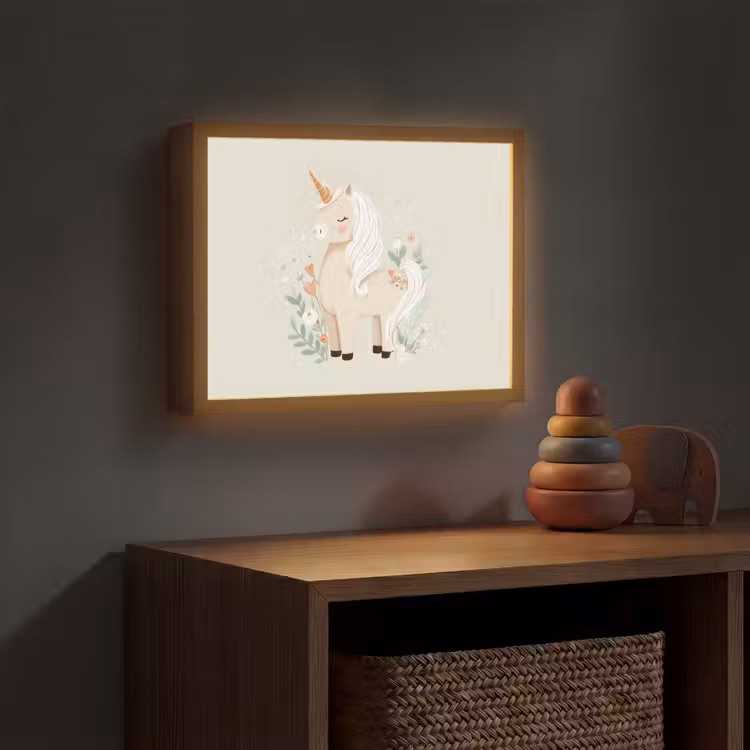 Eenhoorn - Bloemen - Beige Light Box met batterij (Wandlamp kind) middel -sfeer5_kind