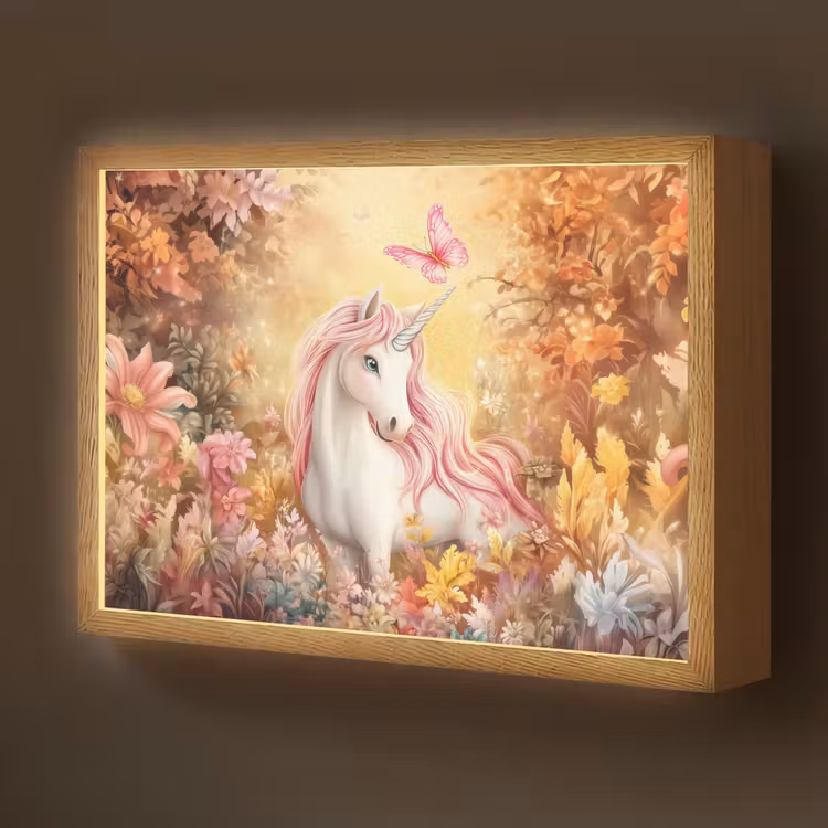 Eenhoorn - Bloemen - Vlinder - Roze Light Box met batterij (Wandlamp kind) middel -z3d_website