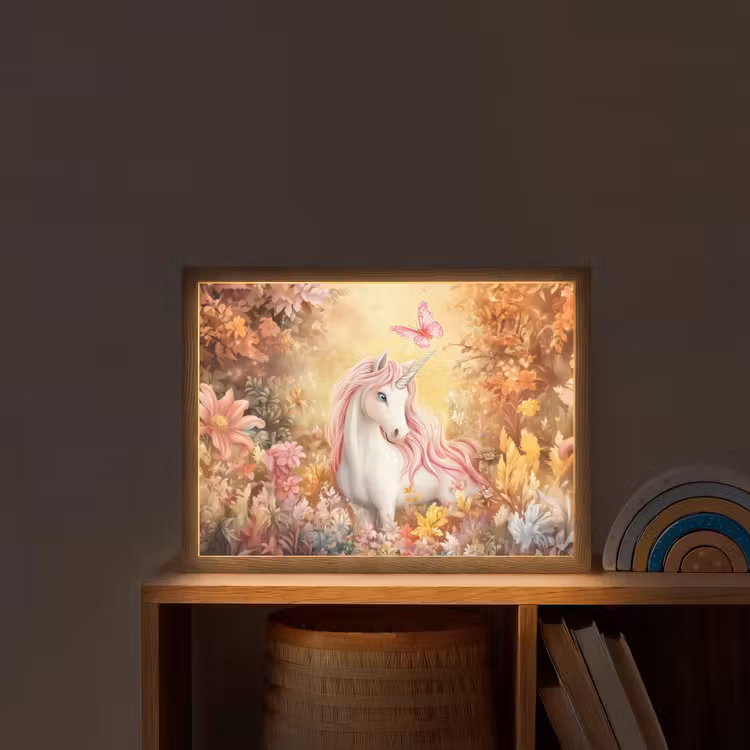 Eenhoorn - Bloemen - Vlinder - Roze Light Box met batterij (Wandlamp kind) middel -sfeer1_kind