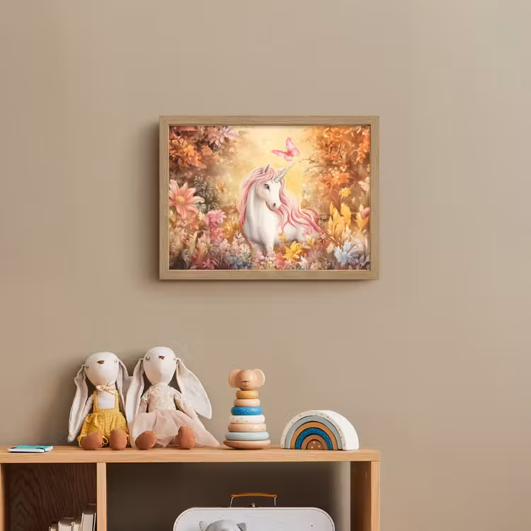 Eenhoorn - Bloemen - Vlinder - Roze Light Box met batterij (Wandlamp kind) middel -sfeer2_kind