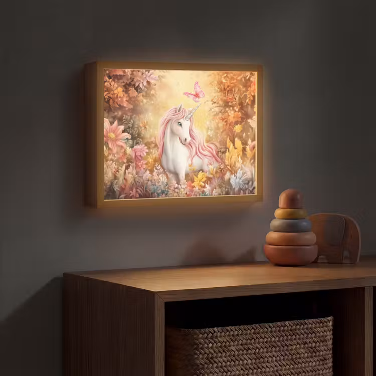 Eenhoorn - Bloemen - Vlinder - Roze Light Box met batterij (Wandlamp kind) middel -sfeer5_kind