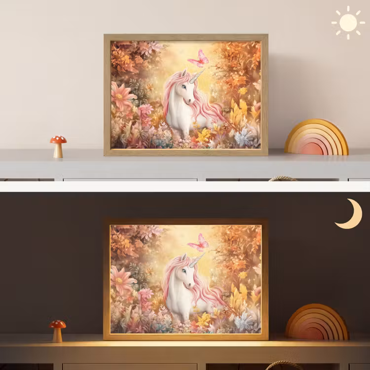 Eenhoorn - Bloemen - Vlinder - Roze Light Box met batterij (Wandlamp kind) middel -sfeer3_kind