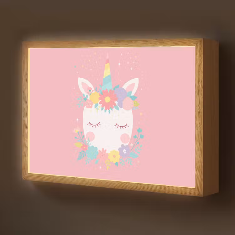 Eenhoorn - Bloemen - Roze Light Box met batterij (Wandlamp kind) middel -z3d_website