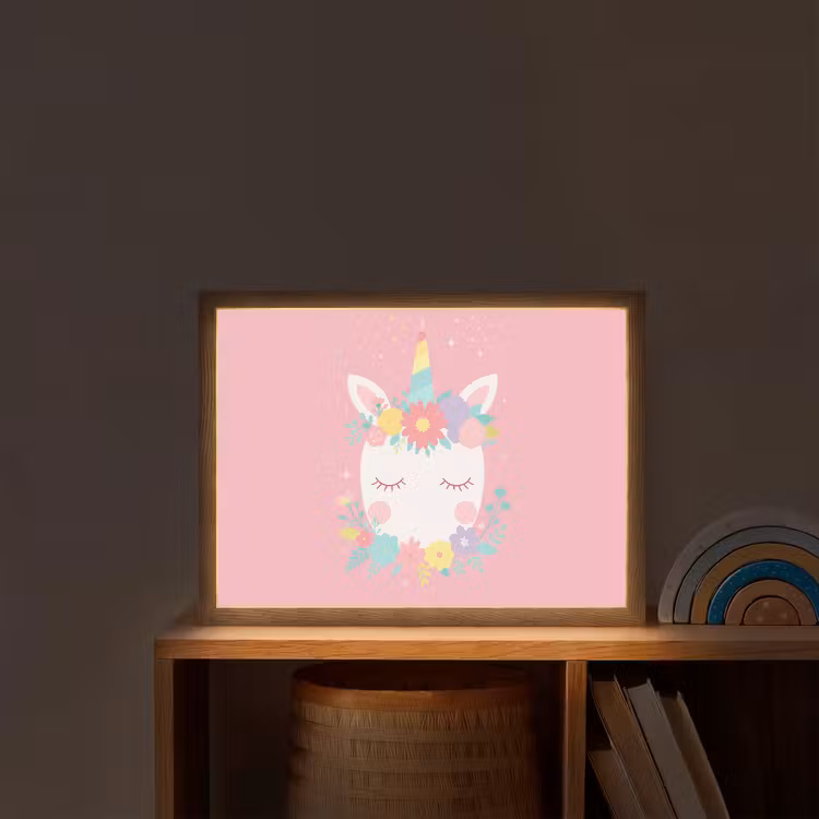 Eenhoorn - Bloemen - Roze Light Box met batterij (Wandlamp kind) middel -sfeer1_kind