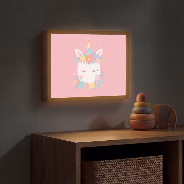 Eenhoorn - Bloemen - Roze Light Box met batterij (Wandlamp kind) middel -sfeer5_kind