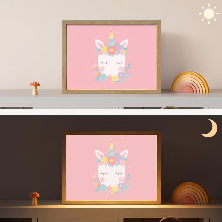Eenhoorn - Bloemen - Roze Light Box met batterij (Wandlamp kind) middel -sfeer3_kind