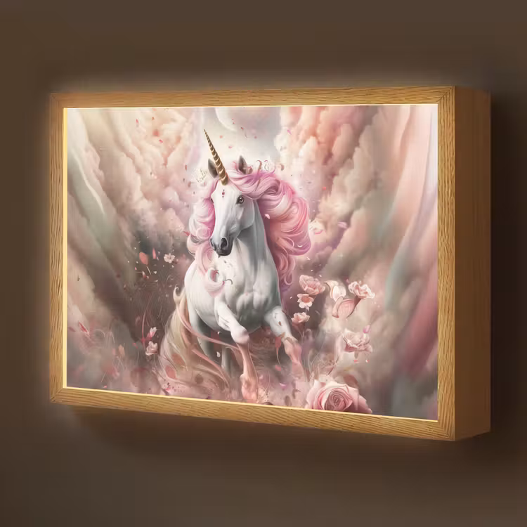 Eenhoorn - Meisje - Roze - Bloemen - Sprookje Light Box met batterij (Wandlamp kind) middel -z3d_website