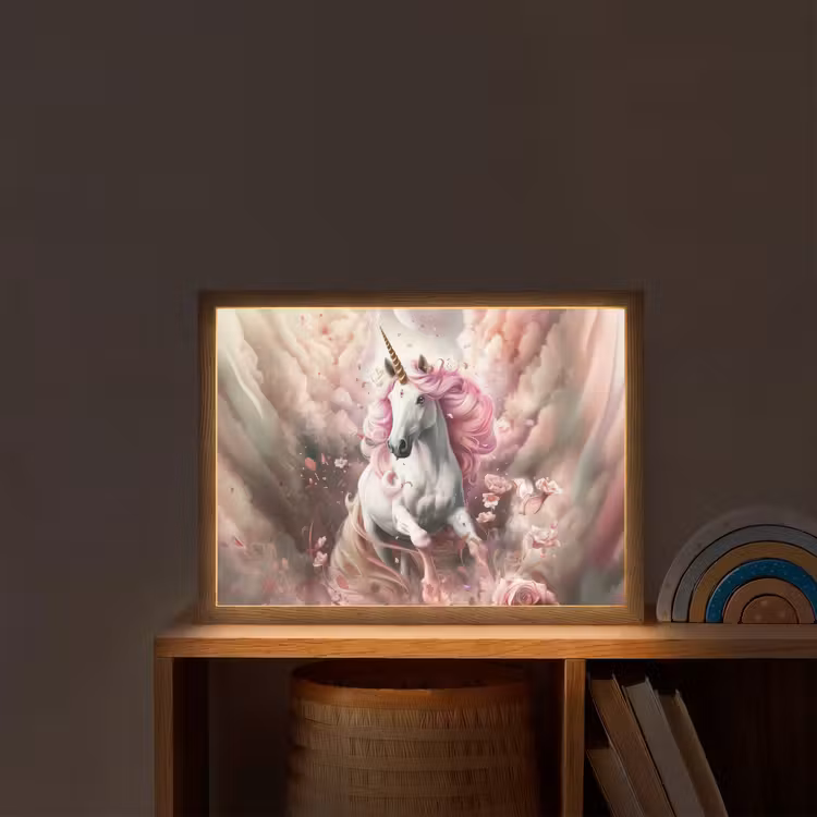 Eenhoorn - Meisje - Roze - Bloemen - Sprookje Light Box met batterij (Wandlamp kind) middel -sfeer1_kind